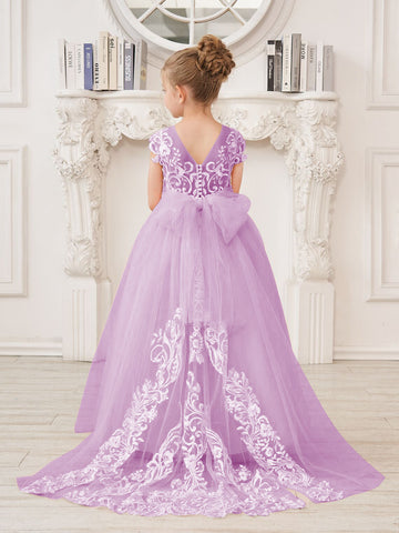 A-line Lace Tulle Sweep Train Pink Flower Girl Dress