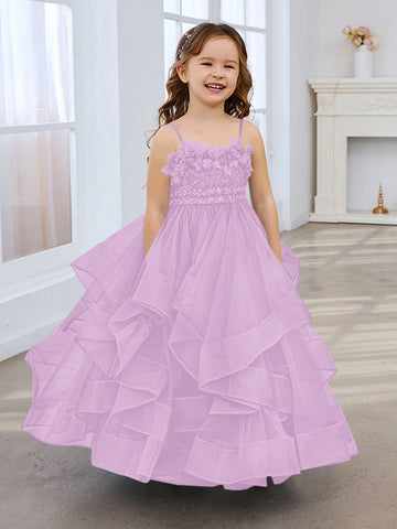Slate Blue A-Line Princess Sleeveless Tulle Flower Girl Dress