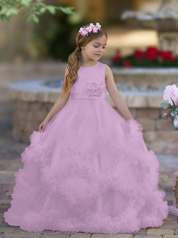 A-line Satin Tulle Floor-length Cascading Ruffles Flower Girl Dress