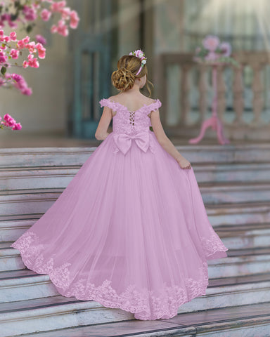 Ball-Gown/Princess Lace Sweep Train Pink Birthday Dress