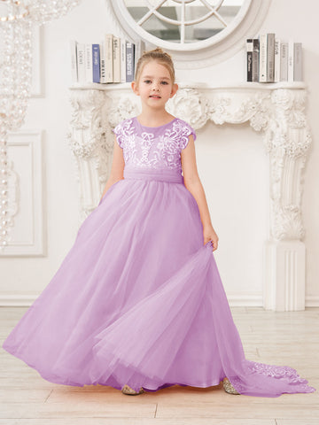 A-line Lace Tulle Sweep Train Pink Flower Girl Dress