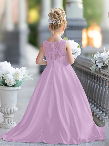 A-line Lace Satin Floor-length First Communion Flower Girl Dress