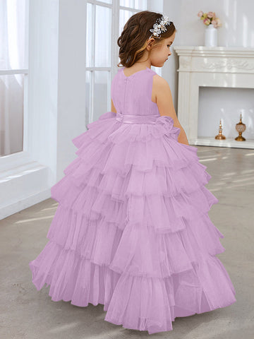 Ball-Gown/Princess Pearl Pink Sleeveless Tulle Bow Flower Girl Dress