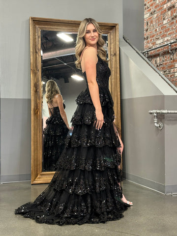 Sheath One Shoulder Tiered Lace Long Prom Dress