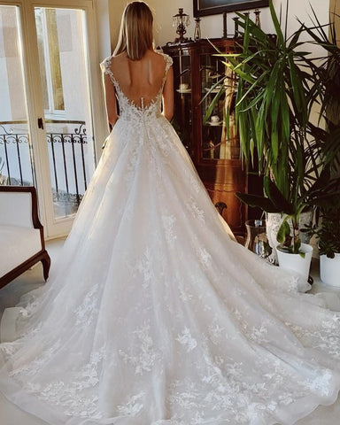 Long A-line Appliques Lace Backless Church Train Wedding Dress