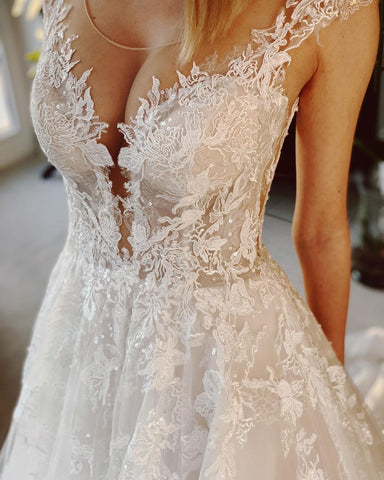 Long A-line Appliques Lace Backless Church Train Wedding Dress