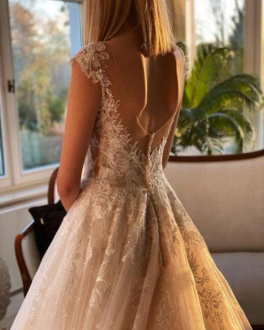 Long A-line Appliques Lace Backless Church Train Wedding Dress