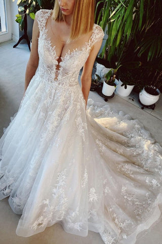 Long A-line Appliques Lace Backless Church Train Wedding Dress