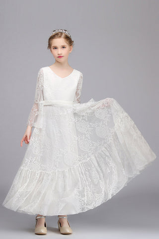 Long A-line Appliques Lace V-neck Flower Girl Dress with Sleeves