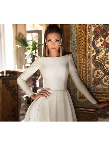 Long A-Line Bateau Neck Court Train Polyester Backless Wedding Dresses with Sleeves