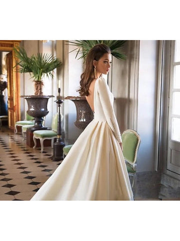 Long A-Line Bateau Neck Court Train Polyester Backless Wedding Dresses with Sleeves