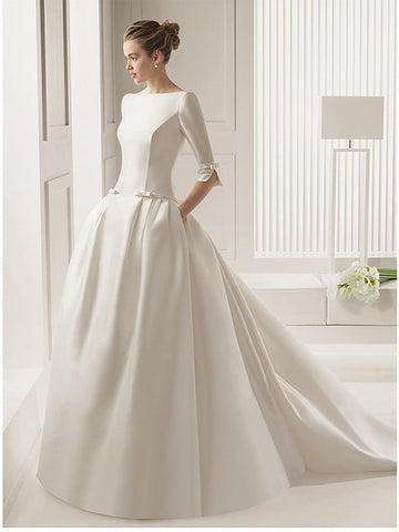 Long A-Line Bateau Neck Polyester Half Sleeve Backless Wedding Dresses with Pockets
