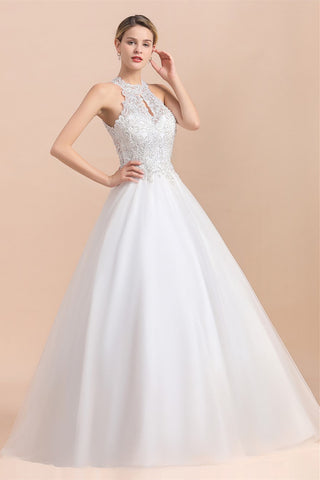 Long A-line Halter Lace Appliques Sequins Sleeveless Wedding Dress