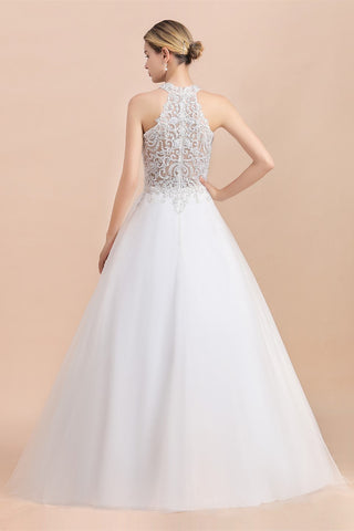 Long A-line Halter Lace Appliques Sequins Sleeveless Wedding Dress