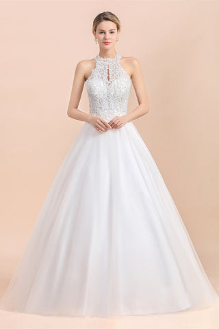 Long A-line Halter Lace Appliques Sequins Sleeveless Wedding Dress