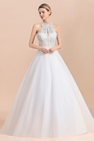 Long A-line Halter Lace Appliques Sequins Sleeveless Wedding Dress