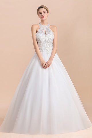 Long A-line Halter Lace Appliques Sequins Sleeveless Wedding Dress