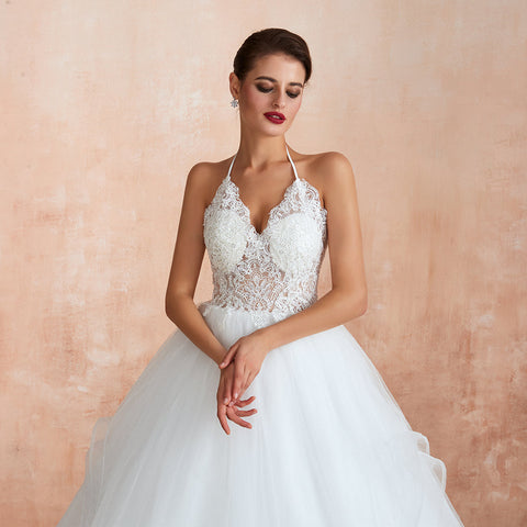 Long A-line Halter Open Back Appliques Tulle Wedding Dress