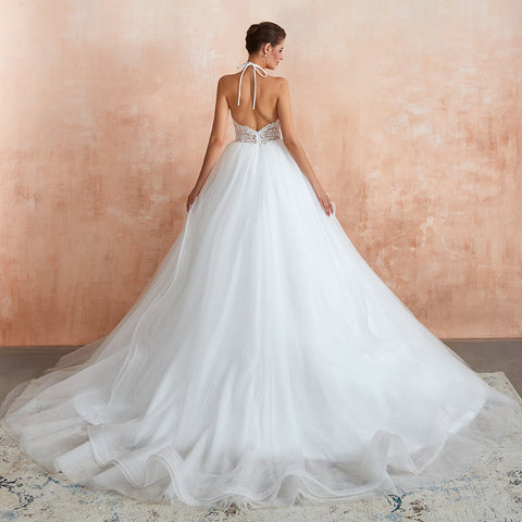 Long A-line Halter Open Back Appliques Tulle Wedding Dress
