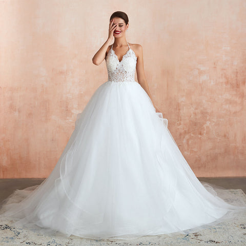 Long A-line Halter Open Back Appliques Tulle Wedding Dress