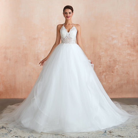 Long A-line Halter Open Back Appliques Tulle Wedding Dress