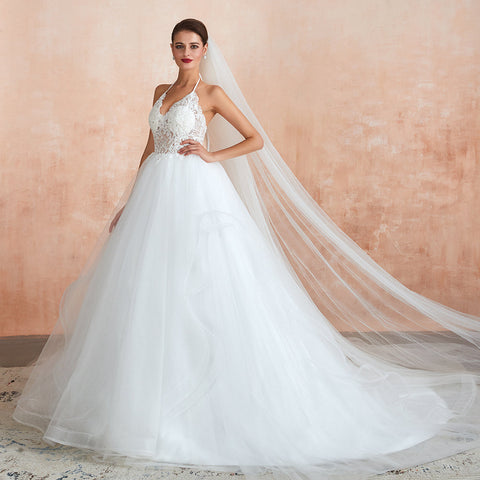 Long A-line Halter Open Back Appliques Tulle Wedding Dress