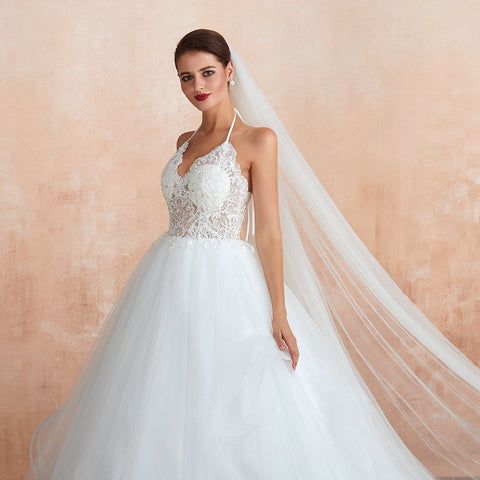 Long A-line Halter Open Back Appliques Tulle Wedding Dress