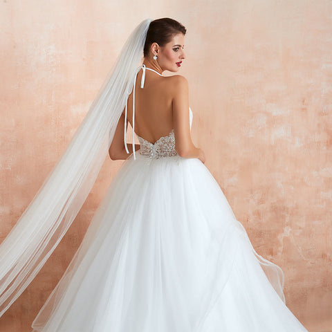 Long A-line Halter Open Back Appliques Tulle Wedding Dress