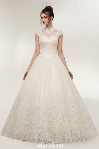 Long A-line High Neck Lace Appliques Short Sleeves Wedding Dresses with Lace-up