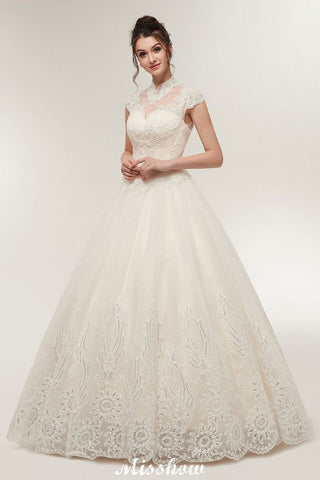 Long A-line High Neck Lace Appliques Short Sleeves Wedding Dresses with Lace-up