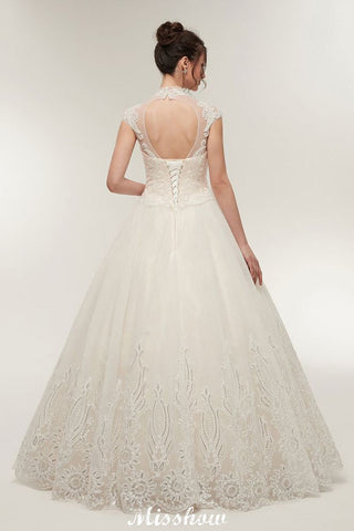 Long A-line High Neck Lace Appliques Short Sleeves Wedding Dresses with Lace-up