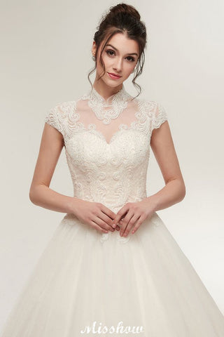 Long A-line High Neck Lace Appliques Short Sleeves Wedding Dresses with Lace-up
