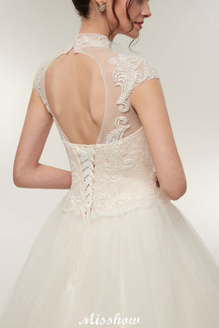 Long A-line High Neck Lace Appliques Short Sleeves Wedding Dresses with Lace-up