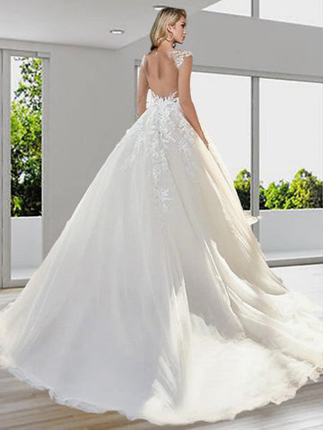 Long A-Line Jewel Neck Sweep Brush Train Lace Tulle Backess Wedding Dresses