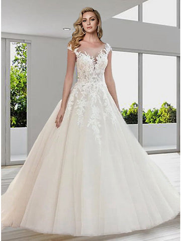 Long A-Line Jewel Neck Sweep Brush Train Lace Tulle Backess Wedding Dresses