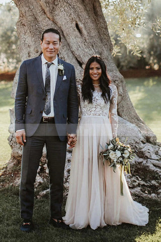 Long A-line Lace Scoop Neck Tulle Wedding Dress with Sleeves