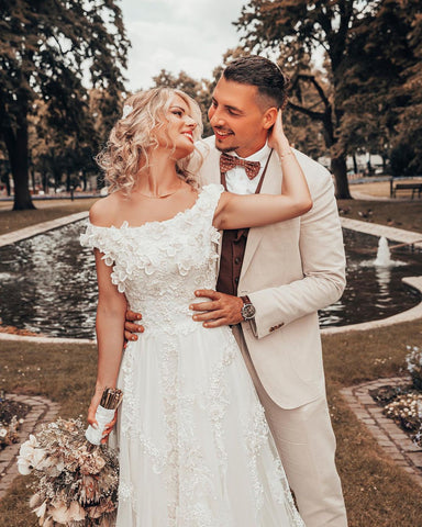 Long A-line Off-the-shoulder 3D Flroal Wedding Dress with Lace Appliques