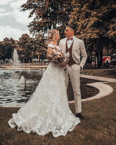 Long A-line Off-the-shoulder 3D Flroal Wedding Dress with Lace Appliques