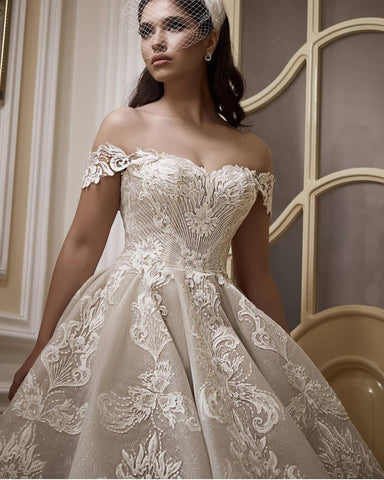 Long A-Line Off-the-Shoulder Appliques Lace Wedding Dress