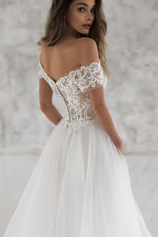 Long A-line Off the Shoulder Appliques Tulle Wedding Dress with Sleeves
