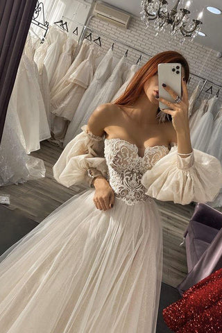 Long A-line Off The Shoulder Appliques Tulle Wedding Dress with Sleeves