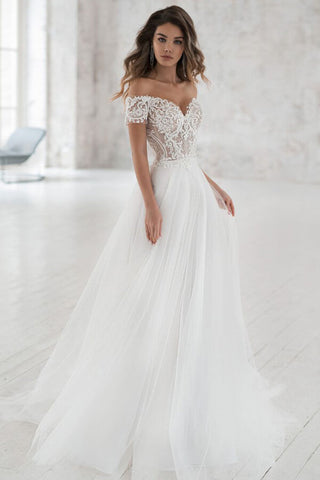 Long A-line Off the Shoulder Appliques Tulle Wedding Dress with Sleeves