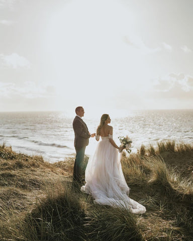 Long A-Line Off-the-Shoulder Backless Appliques Lace Tulle Wedding Dress