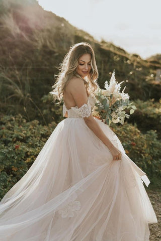 Long A-Line Off-the-Shoulder Backless Appliques Lace Tulle Wedding Dress