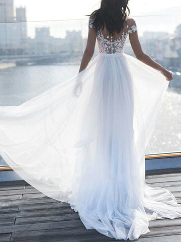 Long A-Line Off the Shoulder Lace Chiffon Wedding Dresses with Sleeves