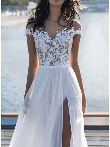 Long A-Line Off the Shoulder Lace Chiffon Wedding Dresses with Sleeves