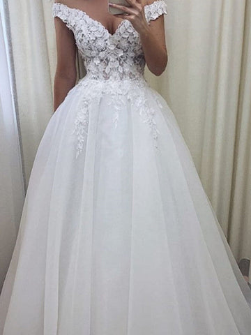 Long A-Line Off the Shoulder Lace Tulle Wedding Dresses