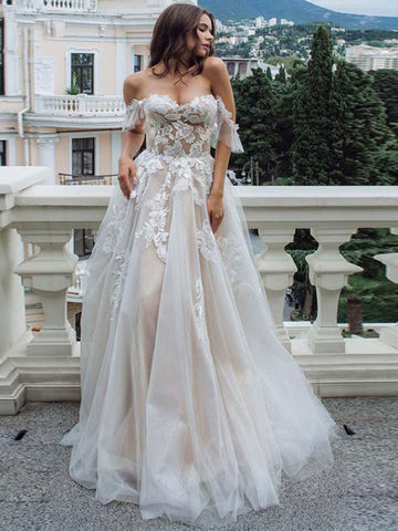 Long A-Line Off-the-Shoulder Lace Tulle Wedding Dresses