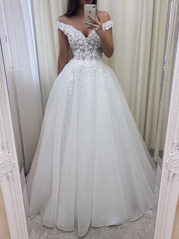 Long A-Line Off the Shoulder Lace Tulle Wedding Dresses
