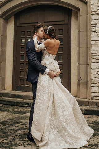 Long A-line Off The Shoulder Lace Wedding Dress With Sleeves